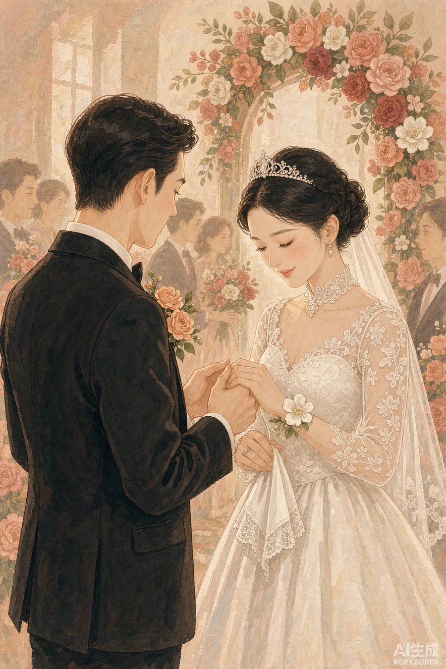 A couple exchanging vows beneath a floral arch, warm gouache illustration